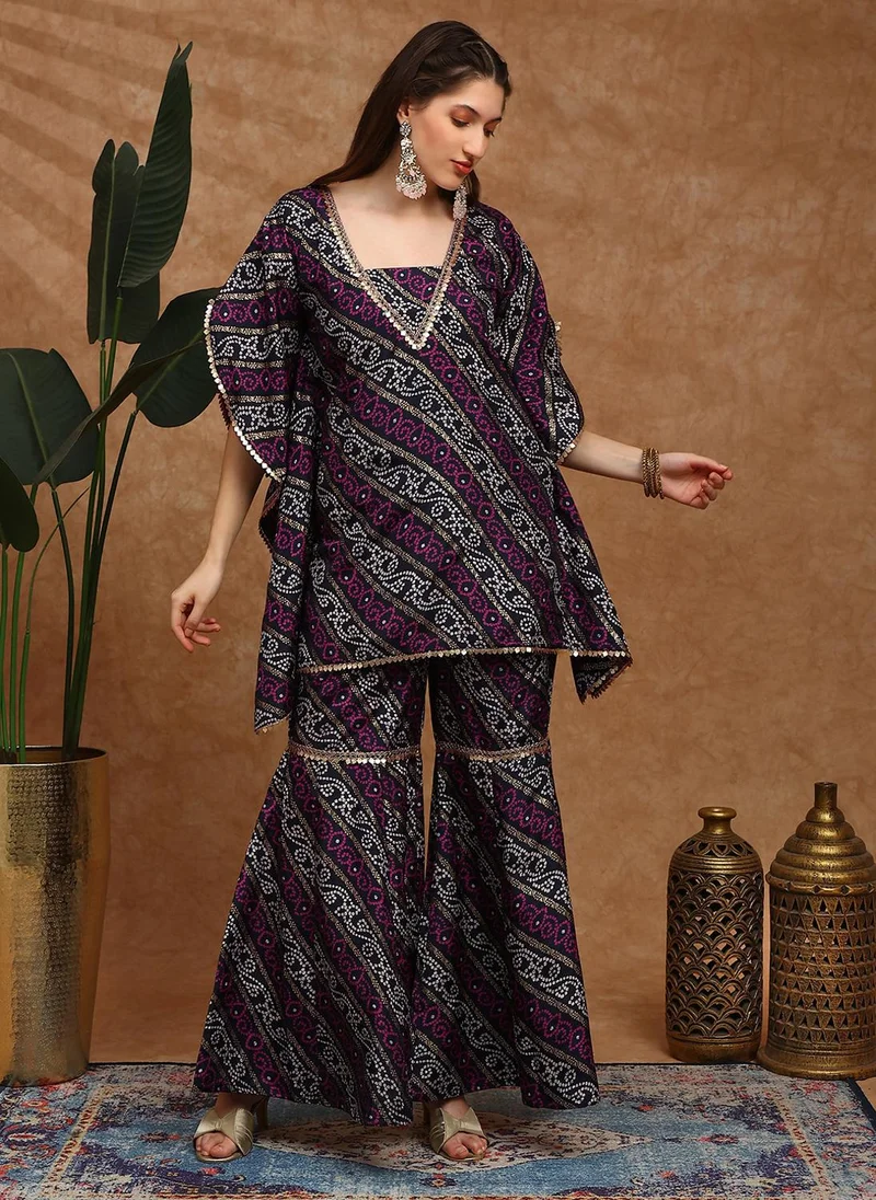 globus Globus Women Navy Blue Bandhani Ethnic Gold Foil Print V-Neck Kimono Sleeves Coin Detail Tunic & Sharara Festive Co-Ord Set